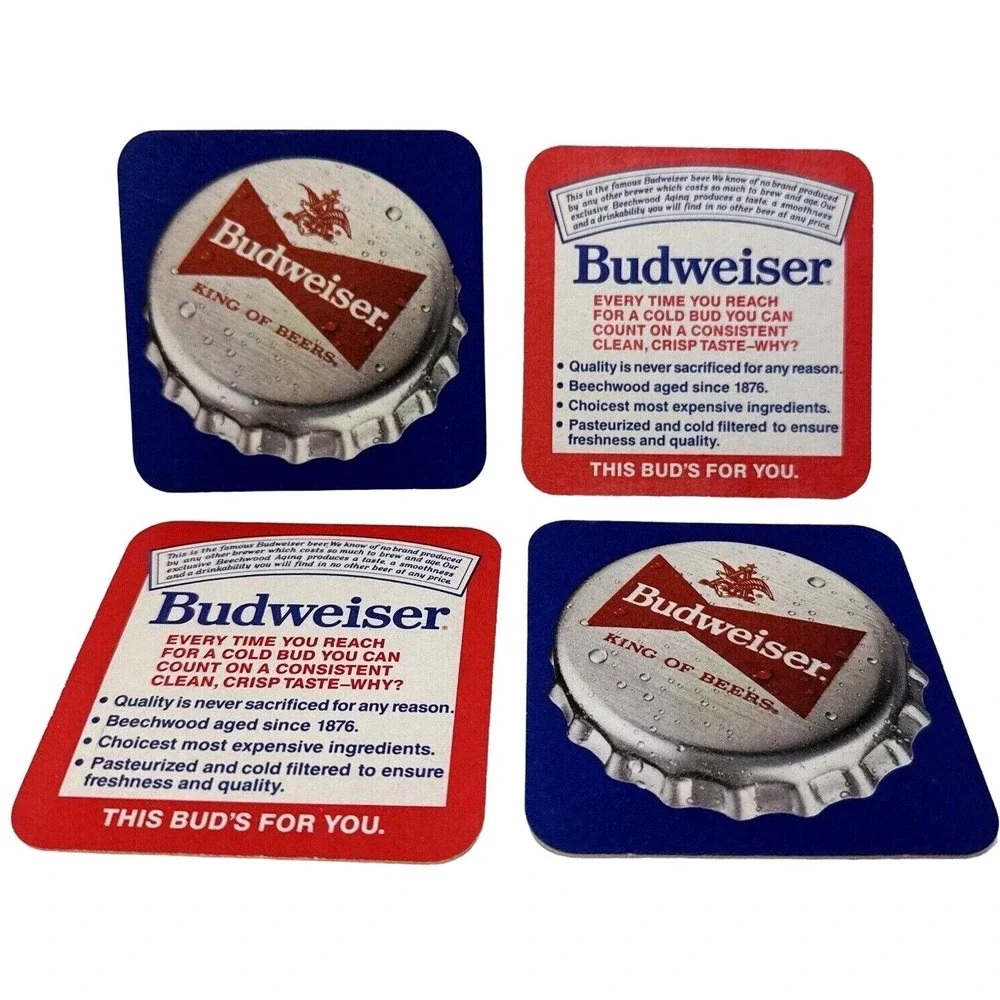Budweiser King of Beers Coasters Set of 4 Bottle Cap &‎ Ad Graphics